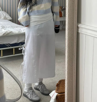 Rear-breasted ribbon side-slit banding long skirt
