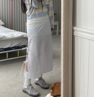 Rear-breasted ribbon side-slit banding long skirt