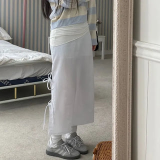 Rear-breasted ribbon side-slit banding long skirt