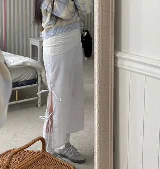 Rear-breasted ribbon side-slit banding long skirt