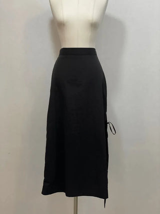 Rear-breasted ribbon side-slit banding long skirt