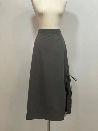 Rear-breasted ribbon side-slit banding long skirt