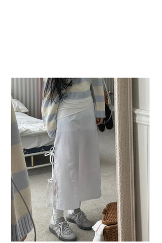 Rear-breasted ribbon side-slit banding long skirt