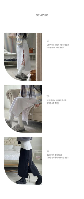 Rear-breasted ribbon side-slit banding long skirt