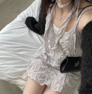 Maybin wrinkle chiffon muffler bustier adjustable strap mini one-piece set