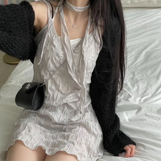 Maybin wrinkle chiffon muffler bustier adjustable strap mini one-piece set