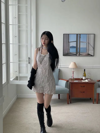 Maybin wrinkle chiffon muffler bustier adjustable strap mini one-piece set