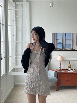 Maybin wrinkle chiffon muffler bustier adjustable strap mini one-piece set