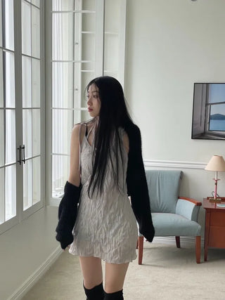 Maybin wrinkle chiffon muffler bustier adjustable strap mini one-piece set