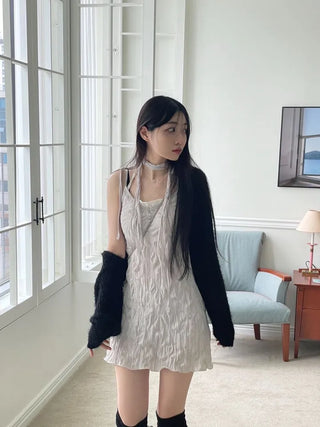 Maybin wrinkle chiffon muffler bustier adjustable strap mini one-piece set