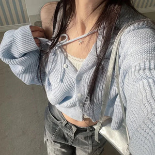 Shigo Yerifit Ribbon Hooded Loose Knit Button Cardigan