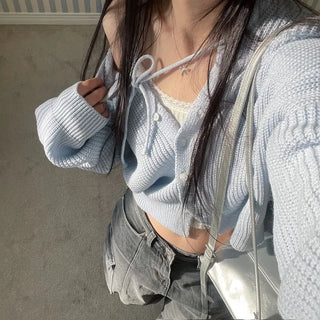 Shigo Yerifit Ribbon Hooded Loose Knit Button Cardigan