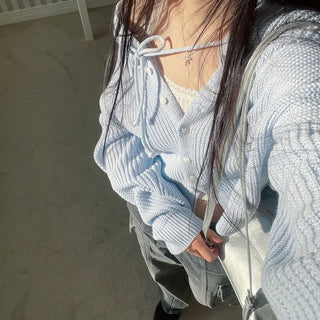 Shigo Yerifit Ribbon Hooded Loose Knit Button Cardigan