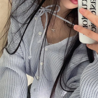 Shigo Yerifit Ribbon Hooded Loose Knit Button Cardigan