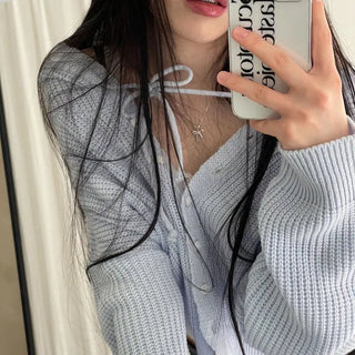 Shigo Yerifit Ribbon Hooded Loose Knit Button Cardigan