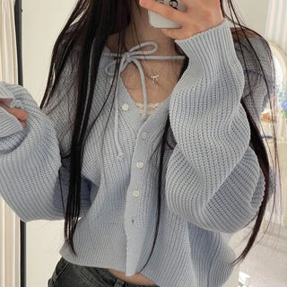 Shigo Yerifit Ribbon Hooded Loose Knit Button Cardigan
