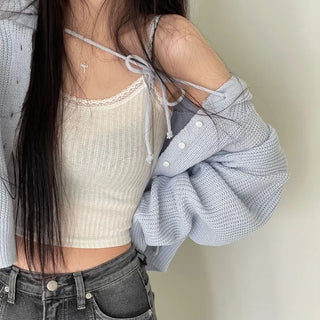 Shigo Yerifit Ribbon Hooded Loose Knit Button Cardigan
