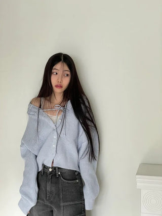 Shigo Yerifit Ribbon Hooded Loose Knit Button Cardigan