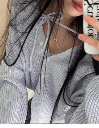 Shigo Yerifit Ribbon Hooded Loose Knit Button Cardigan