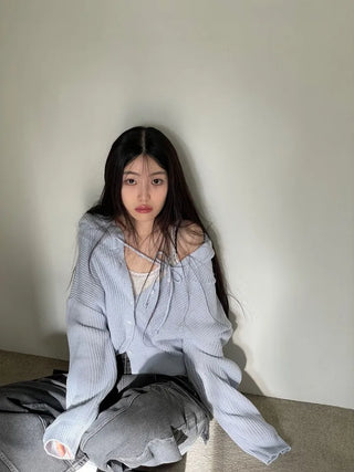 Shigo Yerifit Ribbon Hooded Loose Knit Button Cardigan