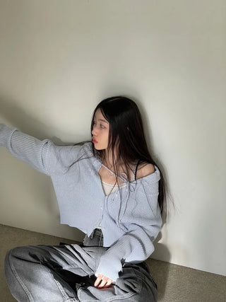 Shigo Yerifit Ribbon Hooded Loose Knit Button Cardigan