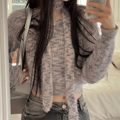 Set  Color Mix Muffler Loose Fit Knit Set