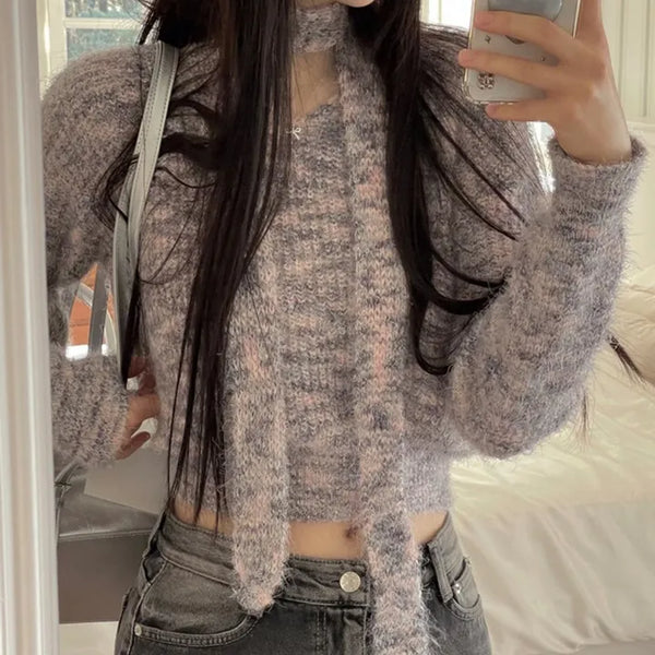 Set  Color Mix Muffler Loose Fit Knit Set