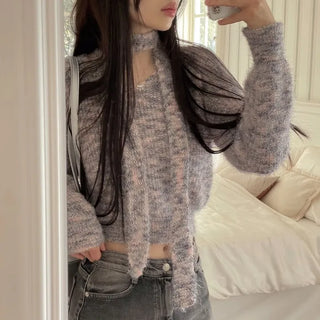 Set  Color Mix Muffler Loose Fit Knit Set