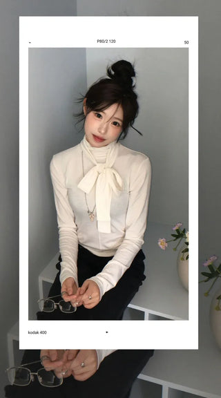 Shitori ribbon muffler cut slim fit fleece polo long sleeve t-shirt