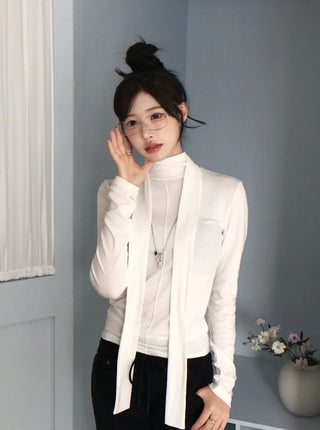 Shitori ribbon muffler cut slim fit fleece polo long sleeve t-shirt