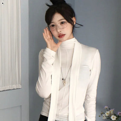 Shitori ribbon muffler cut slim fit fleece polo long sleeve t-shirt