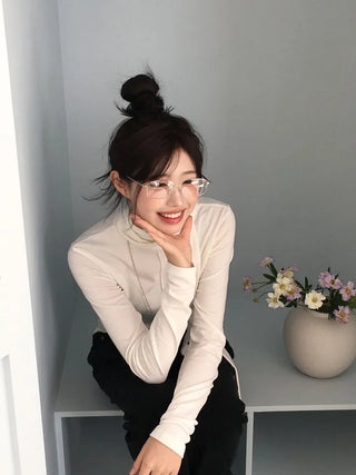 Shitori ribbon muffler cut slim fit fleece polo long sleeve t-shirt