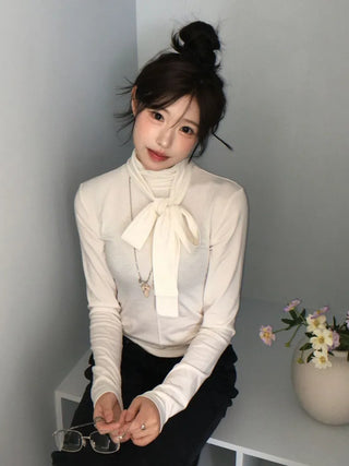 Shitori ribbon muffler cut slim fit fleece polo long sleeve t-shirt