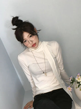 Shitori ribbon muffler cut slim fit fleece polo long sleeve t-shirt