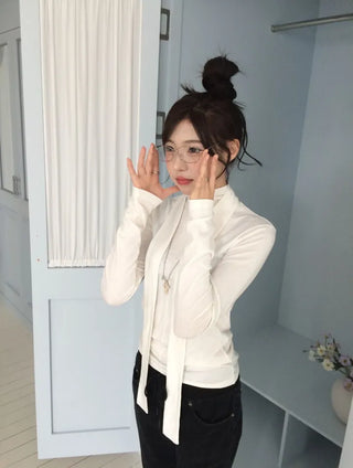 Shitori ribbon muffler cut slim fit fleece polo long sleeve t-shirt