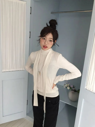 Shitori ribbon muffler cut slim fit fleece polo long sleeve t-shirt