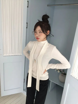 Shitori ribbon muffler cut slim fit fleece polo long sleeve t-shirt