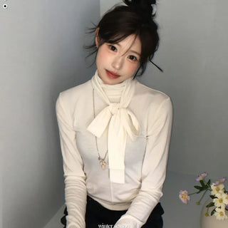 Shitori ribbon muffler cut slim fit fleece polo long sleeve t-shirt
