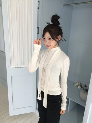 Shitori ribbon muffler cut slim fit fleece polo long sleeve t-shirt