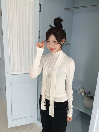 Shitori ribbon muffler cut slim fit fleece polo long sleeve t-shirt