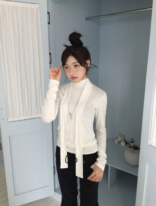 Shitori ribbon muffler cut slim fit fleece polo long sleeve t-shirt