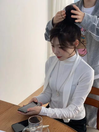 Shitori ribbon muffler cut slim fit fleece polo long sleeve t-shirt