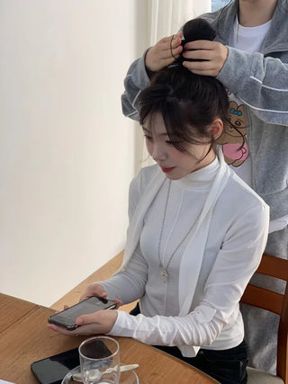 Shitori ribbon muffler cut slim fit fleece polo long sleeve t-shirt