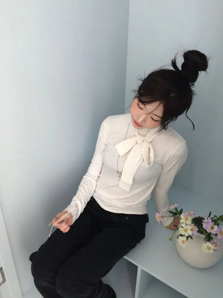 Shitori ribbon muffler cut slim fit fleece polo long sleeve t-shirt