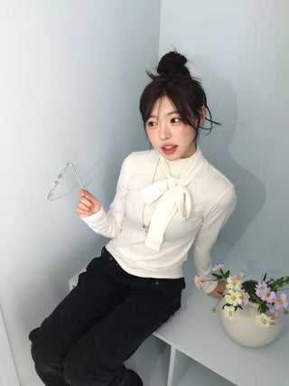 Shitori ribbon muffler cut slim fit fleece polo long sleeve t-shirt