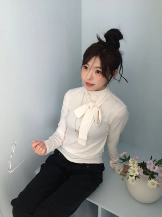 Shitori ribbon muffler cut slim fit fleece polo long sleeve t-shirt