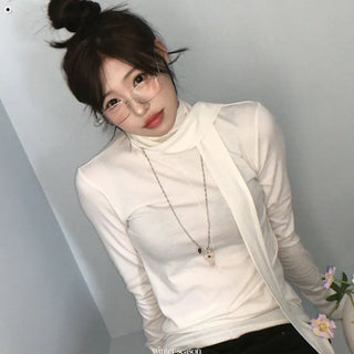 Shitori ribbon muffler cut slim fit fleece polo long sleeve t-shirt