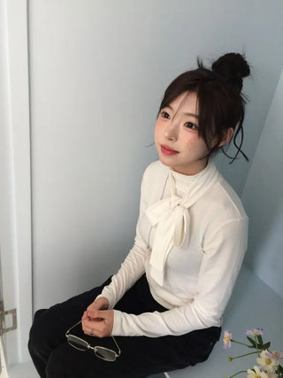 Shitori ribbon muffler cut slim fit fleece polo long sleeve t-shirt