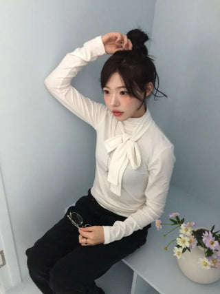 Shitori ribbon muffler cut slim fit fleece polo long sleeve t-shirt