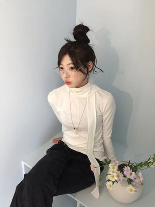 Shitori ribbon muffler cut slim fit fleece polo long sleeve t-shirt